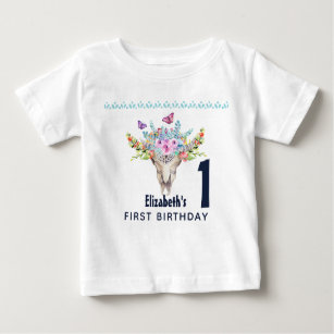 Camiseta Para Bebê Boho Skull com Borboletas e Flores Aniversário
