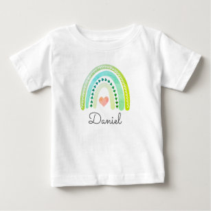 Camiseta Para Bebê Boho Watercolor Rainbow Baby Name Pastel Coração