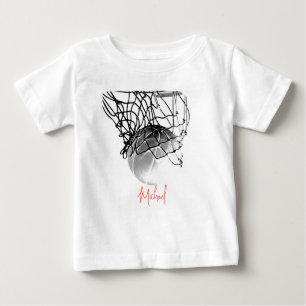 Camiseta Para Bebê Bola de Basquete Preto e Branco & Sua Nome na Rede