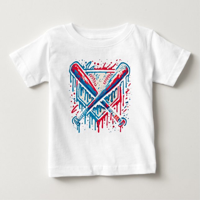 Camiseta Para Bebê Bola e Taco de Beisebol Americano com Grafite Drip (Frente)