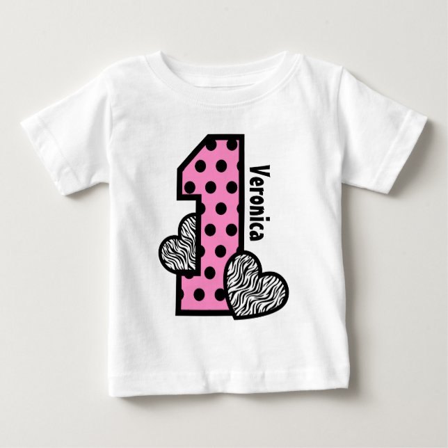Camiseta Para Bebê Bolinhas-DE-ROSA-primeiro aniversario -zebra Coraç (Frente)