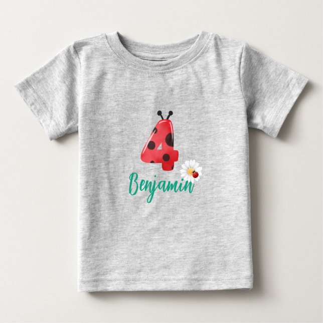 Camiseta Para Bebê Bolinhas vermelha e bonita Ladybug 4º Aniversário  (Frente)