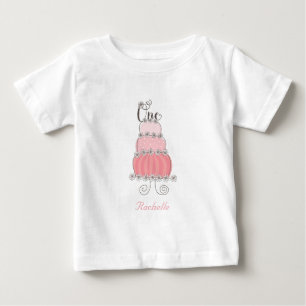 Camiseta Para Bebê Bolo Cor-de-Rosa Caprichoso Festa de 1º Aniversári