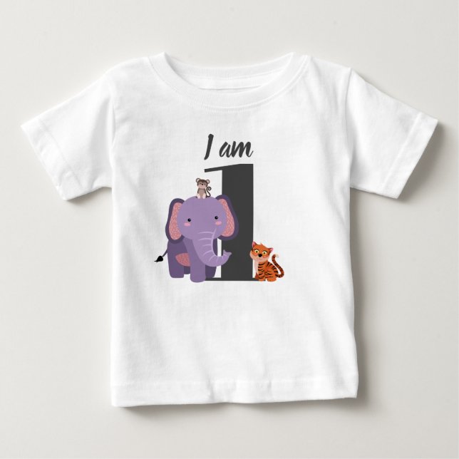 Camiseta Para Bebê Bolo de 1º Aniversário Safari Elefante Tigre Macac (Frente)
