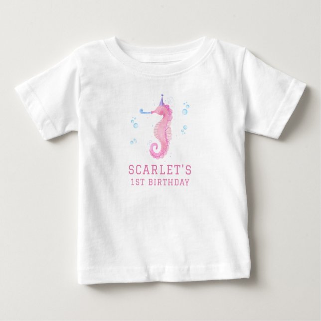 Camiseta Para Bebê Bolo de 1 ano da Seahorse Rosa (Frente)