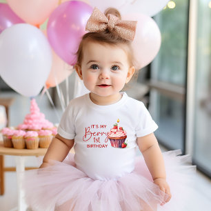 Camiseta Para Bebê Bolo de Aniversário de 1 Ano da Menina Morango Ros