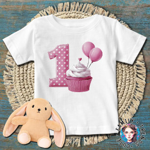 Camiseta Para Bebê Bolo de Aniversário de 1 Ano Rosa