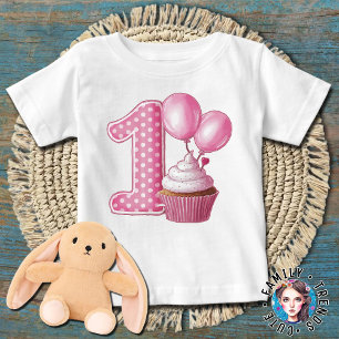 Camiseta Para Bebê Bolo de Aniversário de 1 Ano Rosa