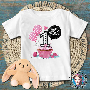 Camiseta Para Bebê Bolo de Aniversário de 1 Ano Rosa