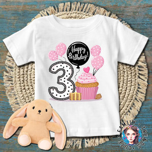 CAMISETA PARA BEBÊ BOLO DE ANIVERSÁRIO DE 3 ANOS CUPCAKE