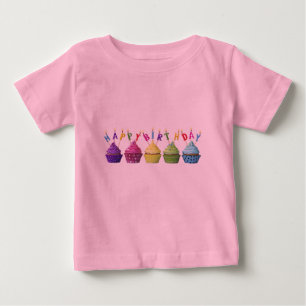 Camiseta Para Bebê Bolo de Aniversário Rosa Feliz Cupcake 