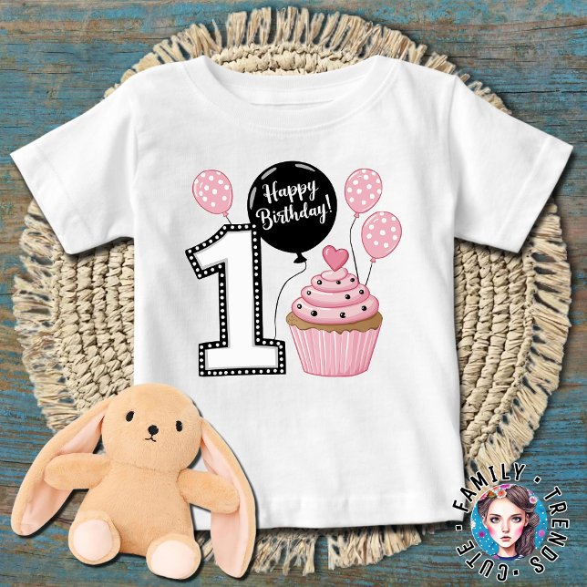 Camiseta Para Bebê Bolos de Aniversário de 1 ano Balões Cupcake (Criador carregado)