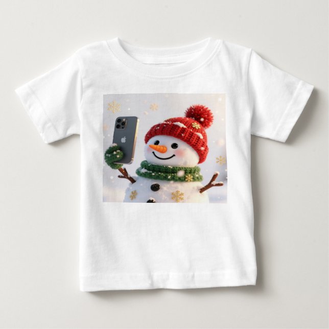 Camiseta Para Bebê Boneco de Neve Fofo com Design de Natal de Telefon (Frente)
