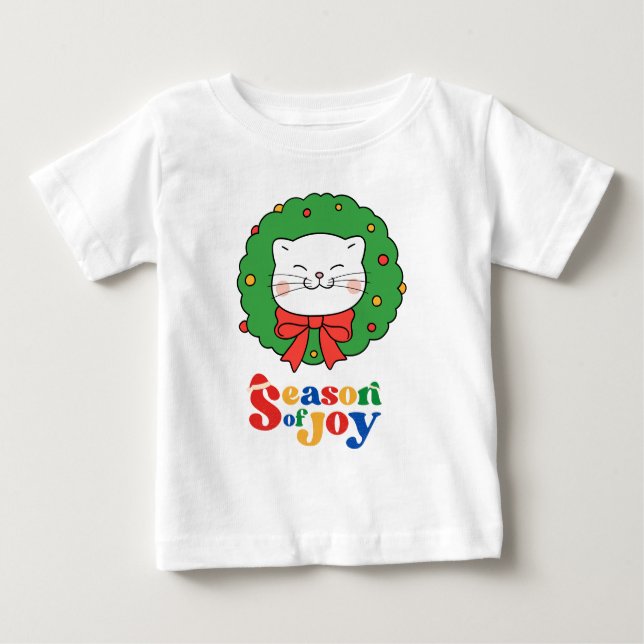 Camiseta Para Bebê Bonita Kawaii Cat Wreath Season of Joy (Frente)