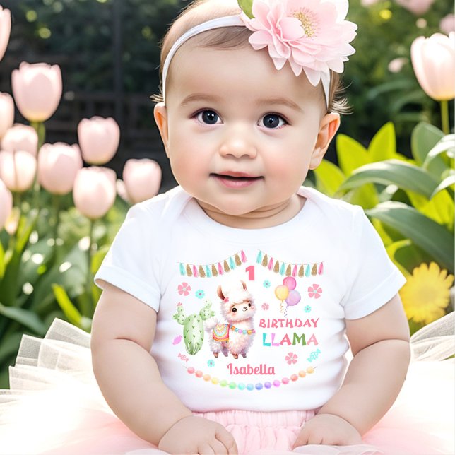 Camiseta Para Bebê Bonita Llama Diversão Nome do primeiro aniversario (Cute Llama Fun Colorful Girl 1st Birthday Baby T-Shirt)