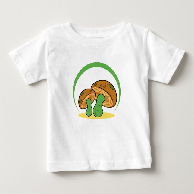 Camiseta Para Bebê Bonita Marrom Cartoon Verde Mushroom Fungi Art (Frente)