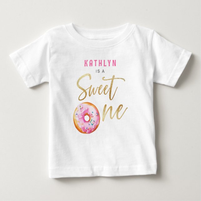 Camiseta Para Bebê Bonita Rosquinha Dourada Rosa Primeiro Aniversário (Frente)
