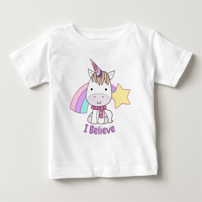 Camiseta Para Bebê Bonito Cartoon Bebê Unicórnio e Arco-íris (Frente)