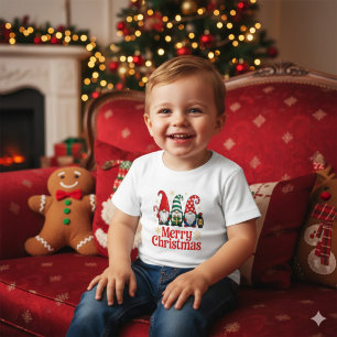 Camiseta Para Bebê Bonito Gnome Caprichoso Vermelho e Verde Feliz Nat