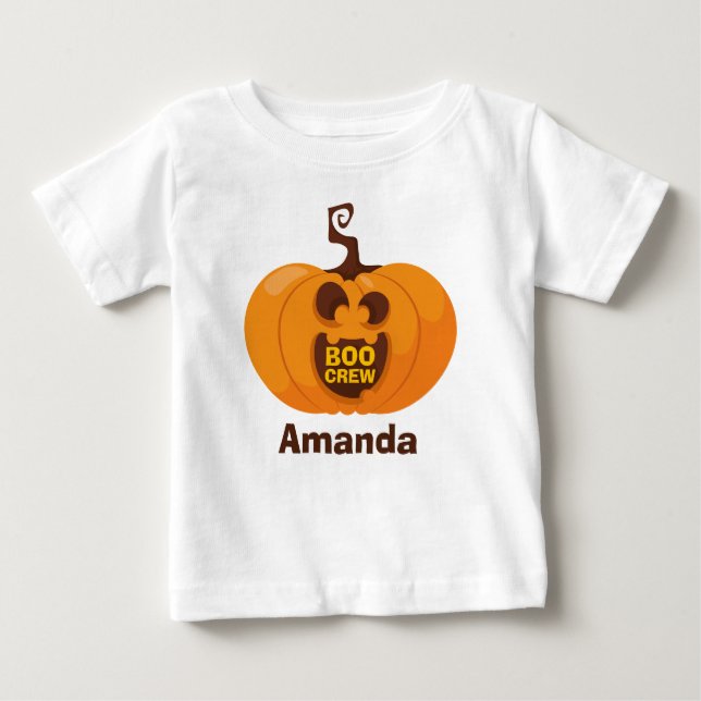 Camiseta Para Bebê Bonito Halloween Boo Crew Pumpkin Orange Engraçado (Frente)