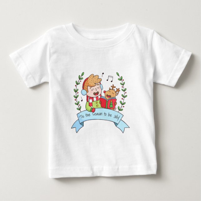 Camiseta Para Bebê Bonito Natal Carols Boy e Reindeer Tee (Frente)