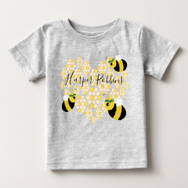 Camiseta Para Bebê Bonito Yellow Honeycomb Heart Honey Bee Baby Gift (Frente)