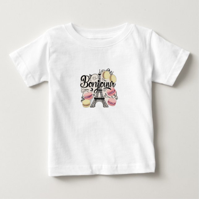Camiseta Para Bebê "Bonjour" em uma fonte chic francesa, com a Torre  (Frente)