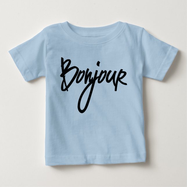 Camiseta Para Bebê Bonjour Script (Preto) para Amantes da França (Frente)