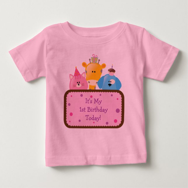 Camiseta Para Bebê Bons Cartoons Bons Animais de Aniversário, Rosa Pe (Frente)