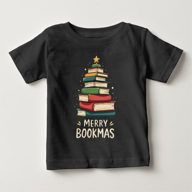 Camiseta Para Bebê Bookmas felizes - Pilha Festiva de Livros (Frente)