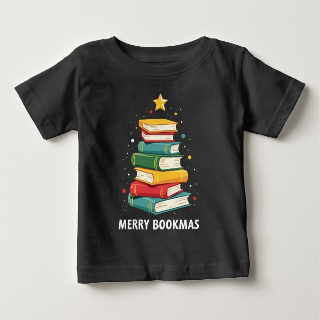 Camiseta Para Bebê Bookmas felizes - Pilha Festiva de Livros (Frente)