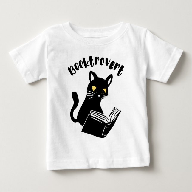 Camiseta Para Bebê Booktrovert cat com livro (Frente)