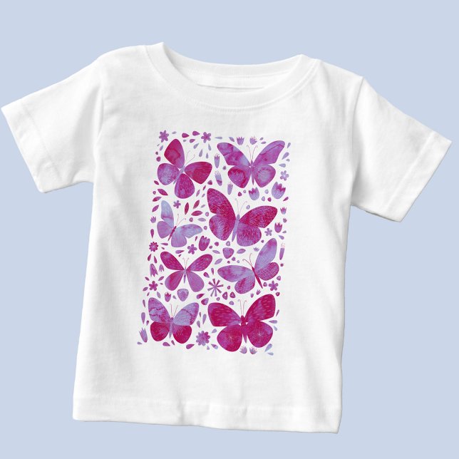 Camiseta Para Bebê Borboleta Aquarela Rosa (Magenta pink watercolor butterfly baby t-shirt)
