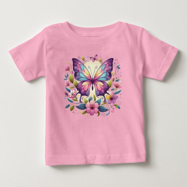 Camiseta Para Bebê Borboleta branca e colorida (Frente)