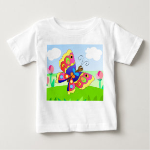 Camiseta Para Bebê borboleta brilhante de desenho animado num campo e