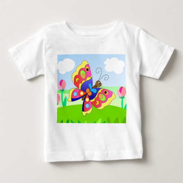 Camiseta Para Bebê borboleta brilhante de desenho animado num campo e (Frente)