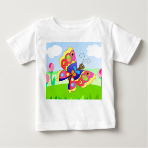 Camiseta Para Bebê borboleta brilhante de desenho animado num campo e