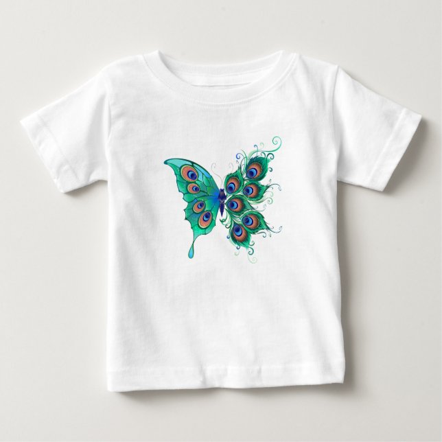 Camiseta Para Bebê Borboleta com Penas de Pavão Verde (Frente)