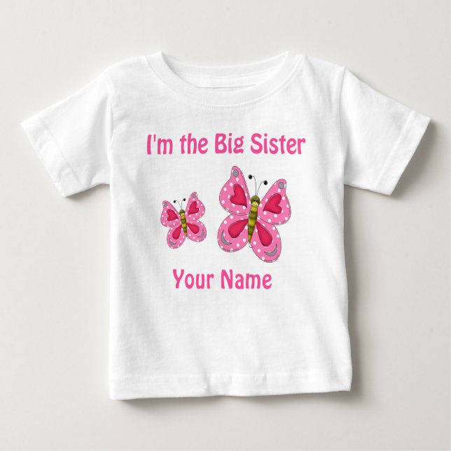 Camiseta Para Bebê Borboleta Cor-de-rosa da Big Sister Personalizada (Frente)