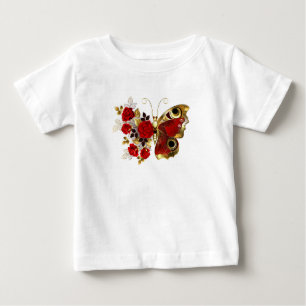 Camiseta Para Bebê Borboleta de flor vermelha com rosas vermelhas