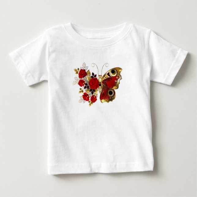 Camiseta Para Bebê Borboleta de flor vermelha com rosas vermelhas (Frente)