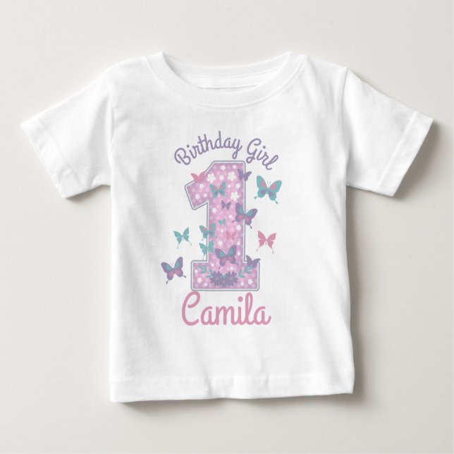 Camiseta Para Bebê Borboleta Primeiro aniversário virando borboleta (Frente)