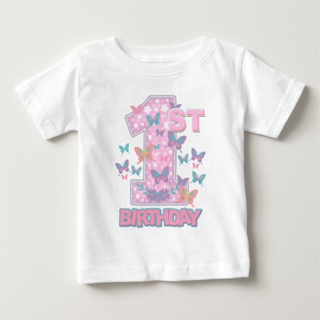 Camiseta Para Bebê Borboleta Primeiro aniversário virando borboleta (Frente)