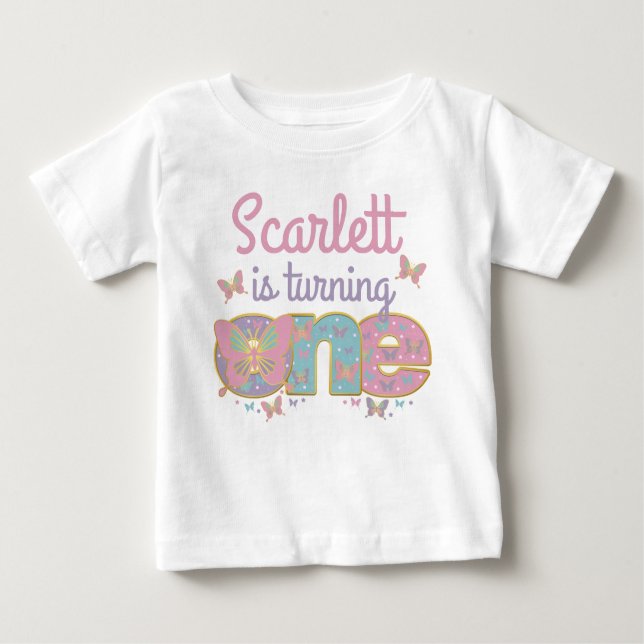 Camiseta Para Bebê Borboleta Primeiro Aniversário Virando uma borbole (Frente)