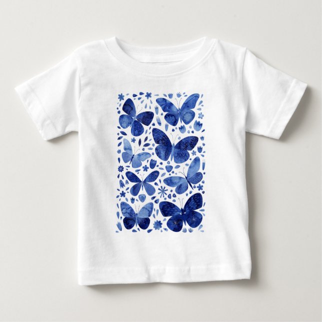 Camiseta Para Bebê Borboletas Aquarela Azul (Frente)