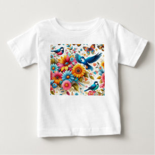 Camiseta Para Bebê Borboletas Coloridas Aves Flores Modelo Branco