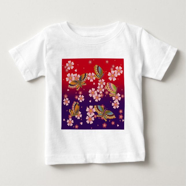 Camiseta Para Bebê Borboletas japonesas no meio de Sakura Blossomas (Frente)