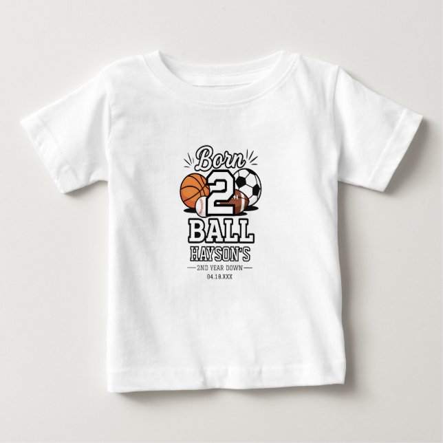 Camiseta Para Bebê Born 2 Ball Sports Themed Boy 2nd Birthday Party (Frente)