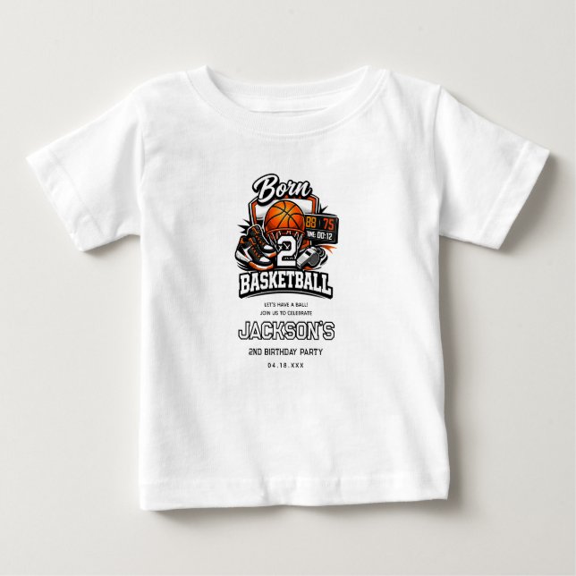 Camiseta Para Bebê Born 2 Basketball | Sports Themed 2nd Birthday (Frente)