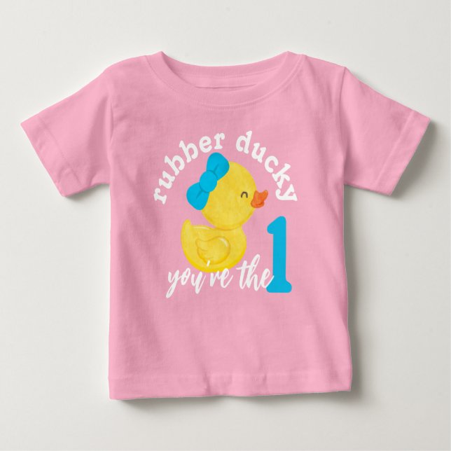 Camiseta Para Bebê Borracha Rosa Ducky Você é o primeiro aniversário (Frente)